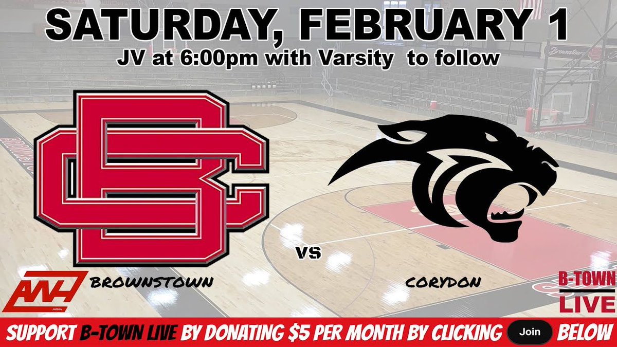 B-TOWN LIVE TONIGHT!  Brownstown hosts Corydon - JV at 6:00pm with Varsity to follow.  Join us on YouTube!

buff.ly/3Qlc8eN