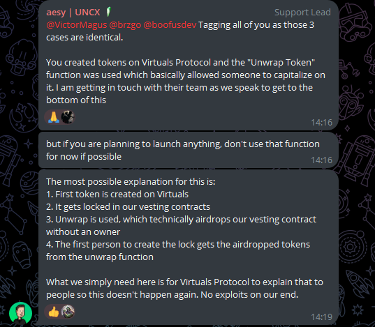 Xipzer's tweet photo. PLEASE ACT QUICKLY. 

If you're invested in a project that locked supply using the @UNCX_token locker, pay attention. 

If the project you're invested in hasn't yet been effected by the dev token supply being dumped, I would advise you to sell before it happens.

For those already effected, please send me the TXN Hash for the sell so I can verify my thoughts.

I believe the fun <agent> tokens (E.G. $RUBYX) were locked using @UNCX_token and, upon bonding, the <agent> tokens were airdropped to the UNCX locker, unlocked. A bad-actor then engages a small timeframe lock with <agent> tokens and it aggregates all of the tokens into the lock (without confirmation, this is maybe a stretch).

The same/a similar thesis was (separately) developed by a UNCX Team member @aesyUNCX. It still may not be exactly what's happened, but feel free to drop me TXN Hashes and I'll clarify my findings.

Please note, if the thesis is correct that would mean the only way to PREVENT this once you ALREADY HAVE A LOCK with @UNCX_token would be for the deployer to utilize the exploit before the bad-actor.

In some cases, the developers themselves may be the bad-actor.

Thanks to @VirtualMorales for bringing this to my attention.