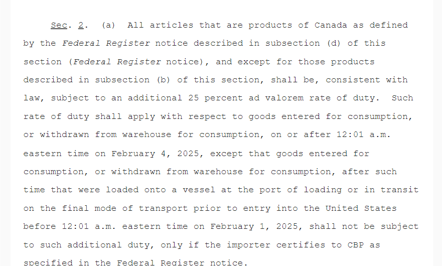 josh_wingrove's tweet photo. The new US tariffs on Canada (the only executive order published so far) go into effect at 12:01 am Eastern time on Tuesday, unless the goods got there before 12:01 am this morning, as I read this. https://t.co/s4ywPq6ZjY