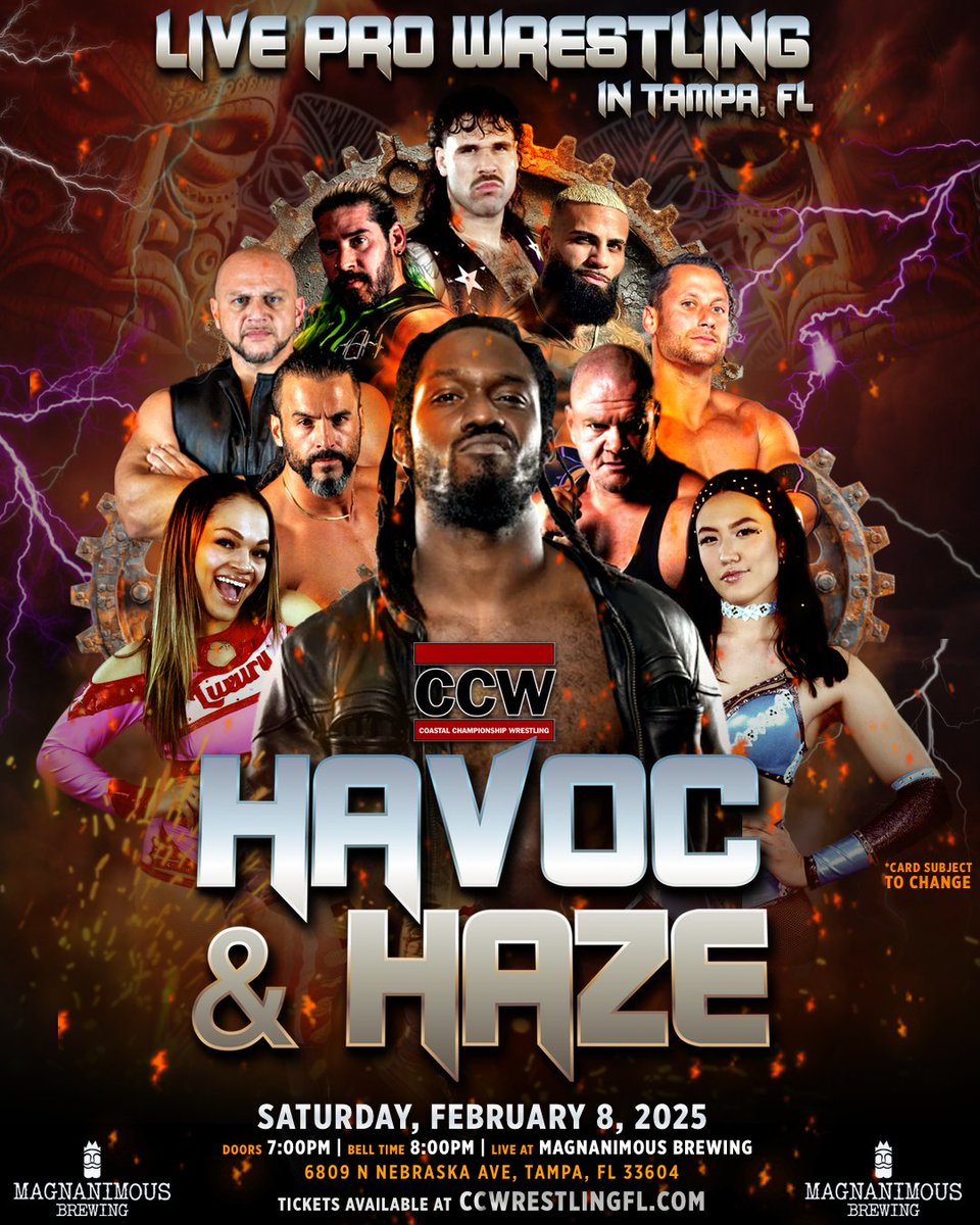 ONE WEEK AWAY. CCW returns to TAMPA next Saturday for HAVOC &amp; HAZE 10, and it's our biggest one yet!

Tampa, this show is CAN'T MISS!
No better place to be on Feb. 8th!

🎟️ CCWrestlingFL.com