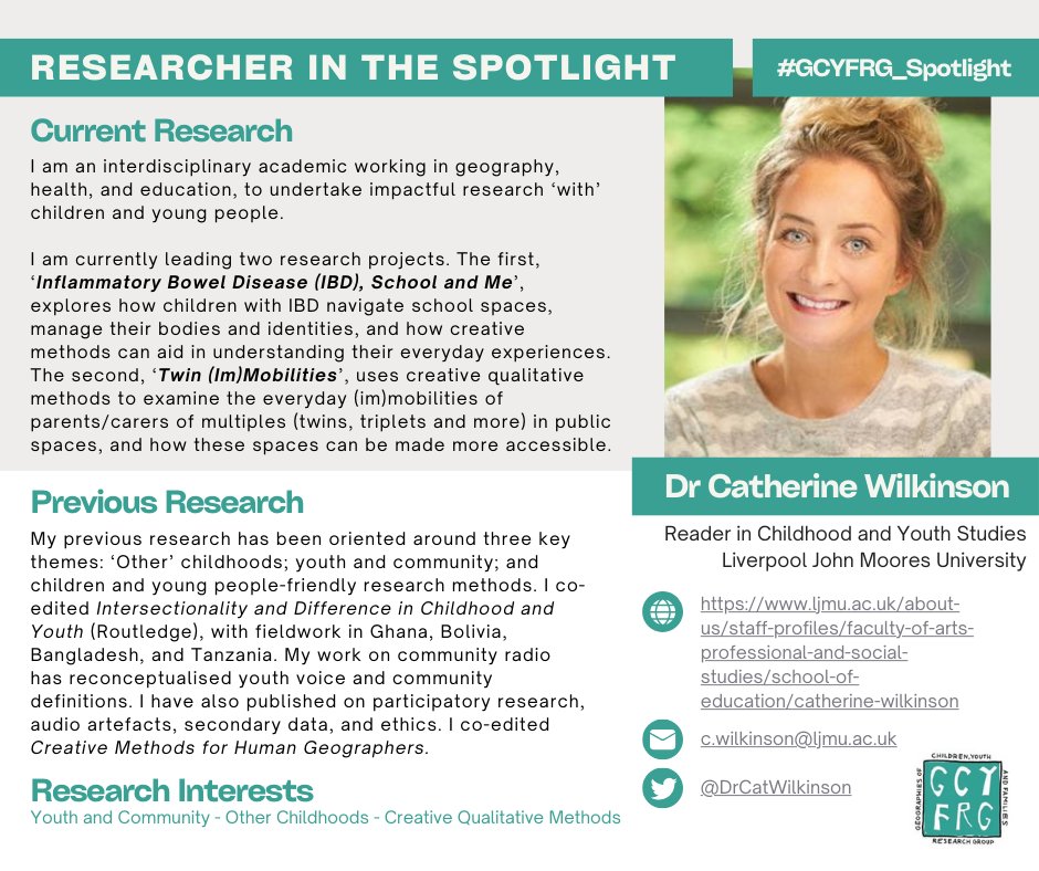GCYFRG (RGS-IBG) (@gcyfrg) on Twitter photo Introducing our latest #GCYFRG_Spotlight <a href="/DrCatWilkinson/">Dr Catherine Wilkinson</a>, based at <a href="/LJMU/">Liverpool John Moores University</a>.
Her research explores ‘other’ childhoods and youth and community using creative child and young people-friendly qualitative methods.
See her full profile here: gcyfrg.wixsite.com/gcyfrg/researc… Introducing our latest #GCYFRG_Spotlight <a href="/DrCatWilkinson/">Dr Catherine Wilkinson</a>, based at <a href="/LJMU/">Liverpool John Moores University</a>.
Her research explores ‘other’ childhoods and youth and community using creative child and young people-friendly qualitative methods.
See her full profile here: gcyfrg.wixsite.com/gcyfrg/researc…