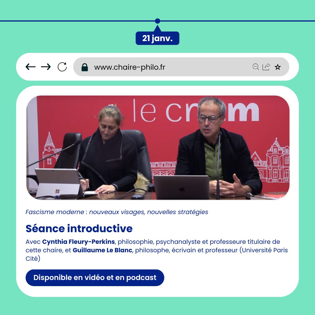 🔁 Le 21 janvier était lancé un nouveau séminaire à la chaire : Fascisme moderne, nouveaux visages, nouvelles stratégies.
Séance introductive avec Cynthia Fleury et Guillaume Le Blanc⬇️
chaire-philo.fr/introduction-p…
📆 Prochaine séance ce jour à 18h au @lecnam⬇️
chaire-philo.fr/calendrier/fas…