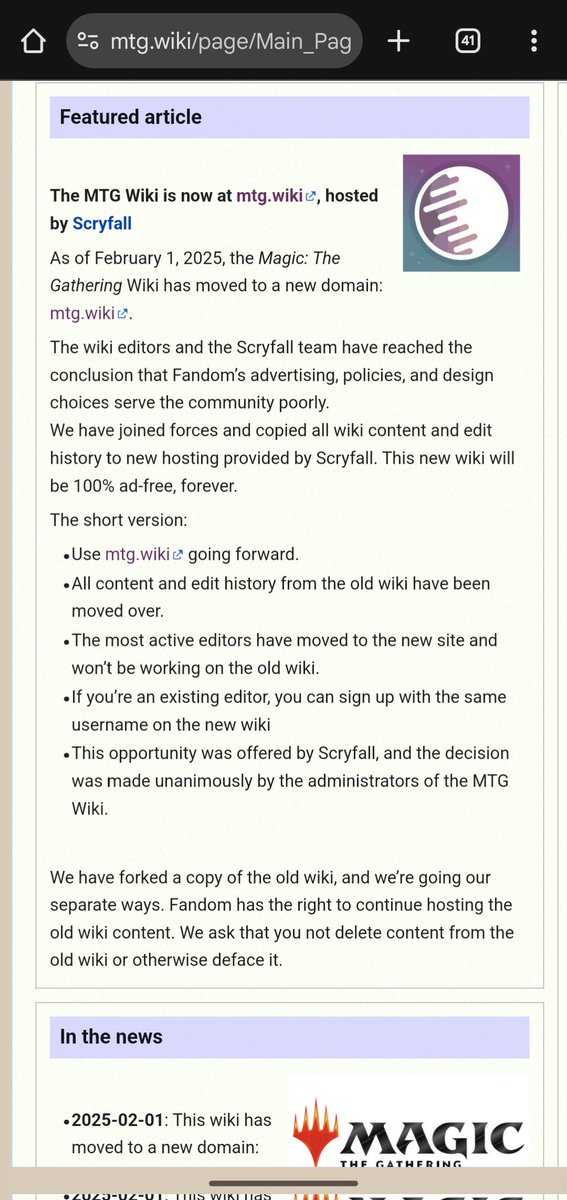 You know the MtG Wiki? The site with tons of useful information, but so many ads that you never really go there?

Well, fear not, because our heroes <a href="/scryfall/">Scryfall</a> have arranged to host the wiki AD-FREE!

The URL is dead simple to remember, too! It's...