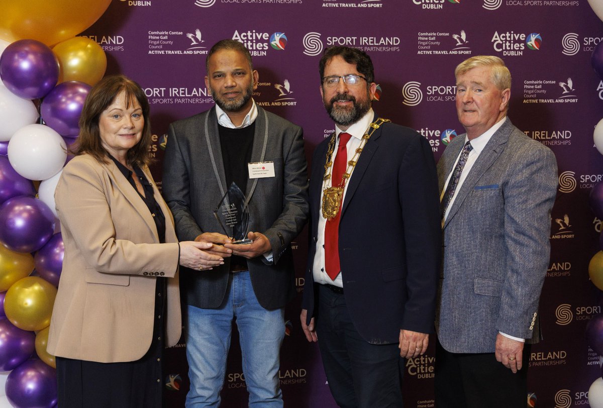 Castleknock Cricket Club member Afaaq Mateen receiving Fingal Sports Club Volunteer Award (2025) from Fingal Chief Executive Ann Marie Farrelly and Mayor Brian McDonagh , Cllr Tom Kitt is also seen