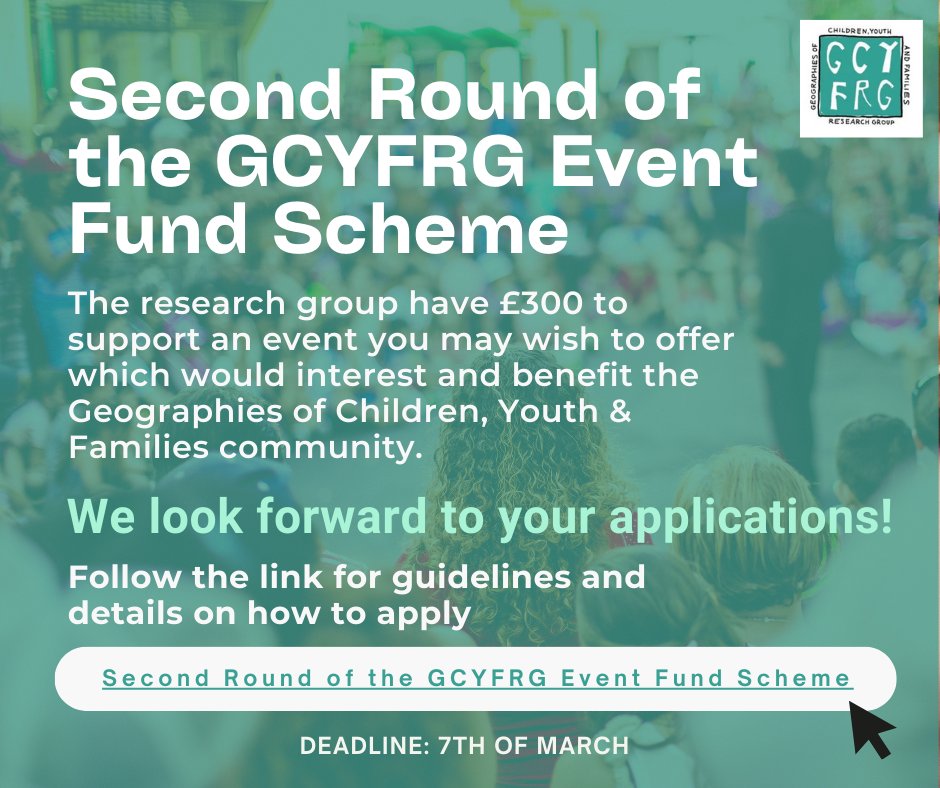 ICYMI - Deadline approaching 7th March to apply for the 2nd round of the GCYFRG Event Fund Scheme. We have £300 to support an event you may wish to offer which would interest and benefit the Geographies of Children, Youth &amp; Families community.
Read more:
gcyfrg.wixsite.com/gcyfrg/post/se…