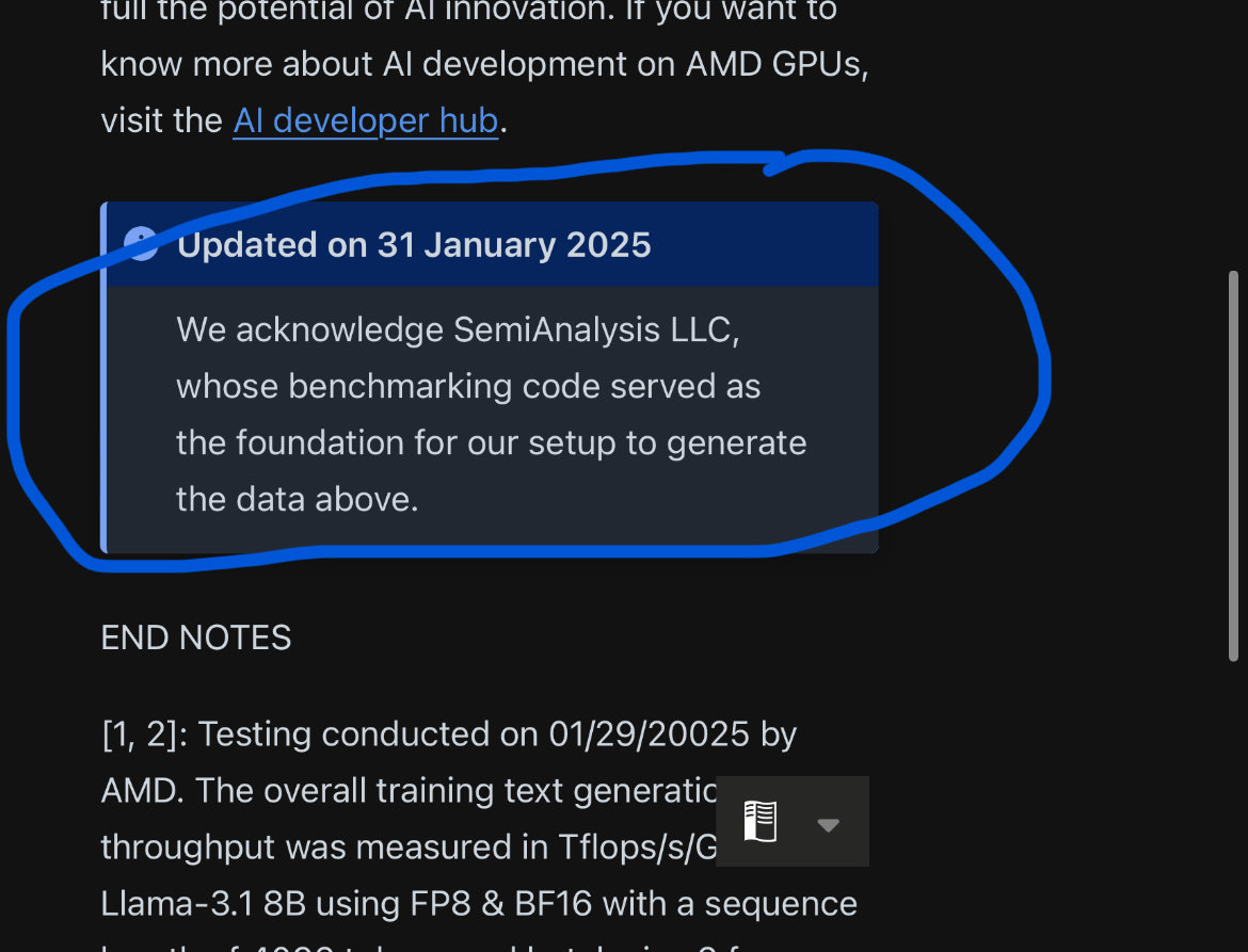 SemiAnalysis code is the basis of AMD's training benchmarks 🫡