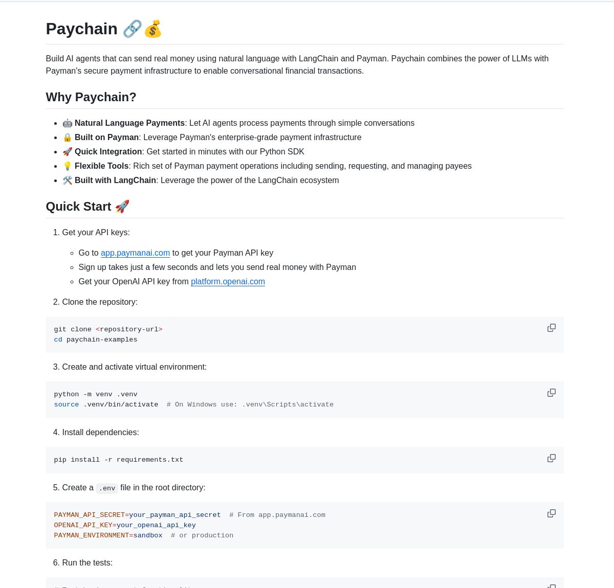 💰🤖 Paychain

Just launched: A powerful solution enabling AI agents to process secure, zero-fee payments using natural language, powered by LangChain's AI and Payman's infrastructure.

Build with Paychain today 🚀
github.com/PaymanAI/paych…