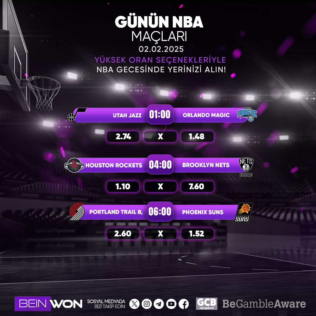 ⛹️‍♂️ NBA GECESİ ⛹️‍♂️

👍En Yüksek Oranlarla Bahsini Alabilirsin, Doya Doya Heyecan Ve Kazanç! 👍

🏀 Basketbolun kalbi #Beinwon’da atıyor! 🏀

✅ Giriş: t2m.io/Beinwonguncelg…

✅Güvenilir Ve Orijinal Lisans Güvencesi İle 20.000.000₺ Çekim Limiti !