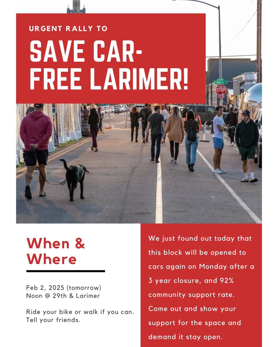 BuildUpDenver's tweet image. On a beautiful Sunday in February, where else would you rather be than with people in a place for people! Come out to the Rally to Save Car-Free Larimer and help us show the power of people over vehicles! 

DenverUrbanism will be there interviewing folks—make your voice heard!