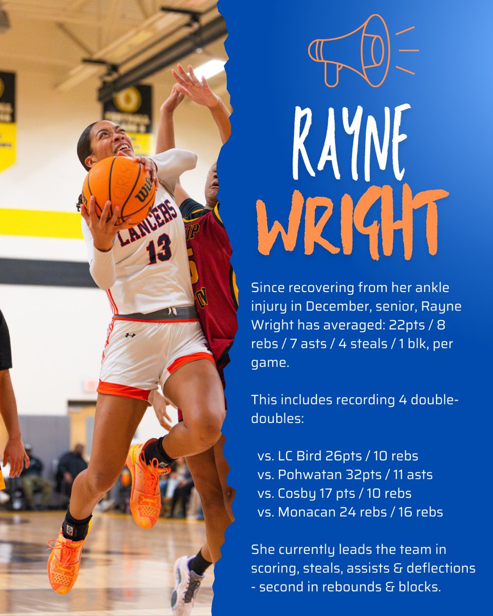 Manchester Lancers GBB (@ladylancersmhs) on Twitter photo ⭐️Player Spotlight: Since recovering from her ankle injury in December, senior, Rayne Wright has averaged: 22pts / 8 rebs / 7 asts / 4 steals / 1 blk, per game... <a href="/PGHVirginia/">Prep Girls Hoops Virginia</a> <a href="/cfieldsports/">chesterfieldsports (from RVA Sports Network)</a> <a href="/RayneWright2025/">Rayne Wright 2025</a> ⭐️Player Spotlight: Since recovering from her ankle injury in December, senior, Rayne Wright has averaged: 22pts / 8 rebs / 7 asts / 4 steals / 1 blk, per game... <a href="/PGHVirginia/">Prep Girls Hoops Virginia</a> <a href="/cfieldsports/">chesterfieldsports (from RVA Sports Network)</a> <a href="/RayneWright2025/">Rayne Wright 2025</a>