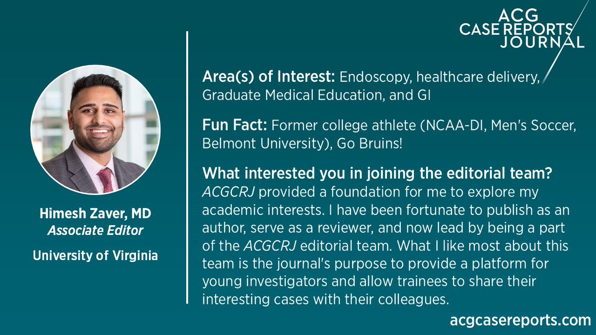 ACGCRJ (@acgcrj) on Twitter photo ACGCRJ Associate Editor Spotlight:
Himesh Zaver, MD
University of Virginia
Each month, we will introduce you to one of our valued Associate Editors--learn about their professional interests and personal fun facts!
<a href="/HZaverMD/">Himesh Zaver, MD</a>
<a href="/AmCollegeGastro/">ACG</a> <a href="/NadeemYousafMD/">Nadeem Yousaf</a> <a href="/PrateekHarne1/">Prateek Harne MBBS, MD</a> ACGCRJ Associate Editor Spotlight:
Himesh Zaver, MD
University of Virginia
Each month, we will introduce you to one of our valued Associate Editors--learn about their professional interests and personal fun facts!
<a href="/HZaverMD/">Himesh Zaver, MD</a>
<a href="/AmCollegeGastro/">ACG</a> <a href="/NadeemYousafMD/">Nadeem Yousaf</a> <a href="/PrateekHarne1/">Prateek Harne MBBS, MD</a>