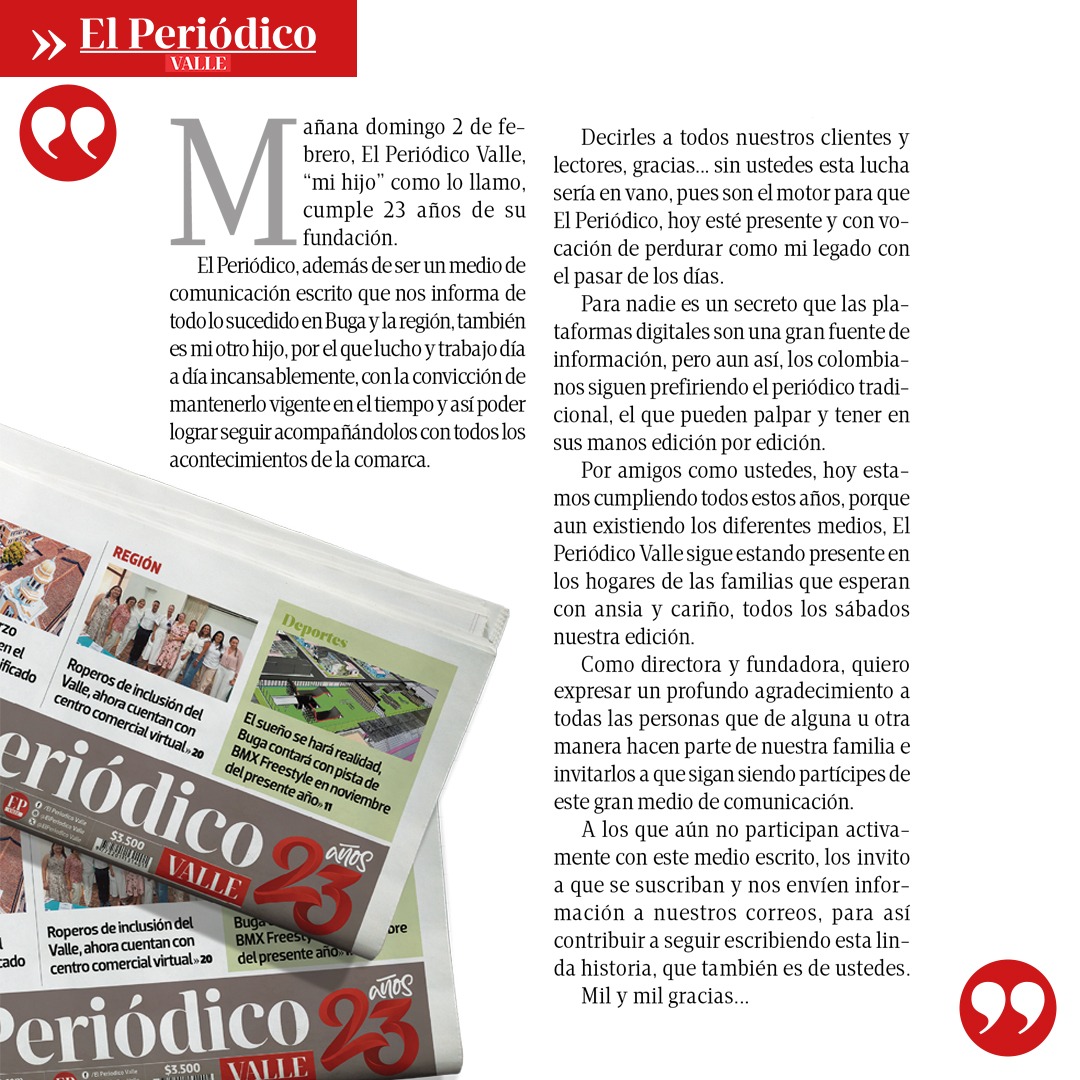 😄Los invitamos a disfrutar de la columna especial de mano de la Esp. Tatiana Fierro Herrera, 👩🏻‍💼Gerente de este medio de comunicación El Periódico Valle el cual mañana celebra su 23° Aniversario🍾🎉 informando de las mejores noticias a toda su comunidad. @tatifierroh 
#Periodismo