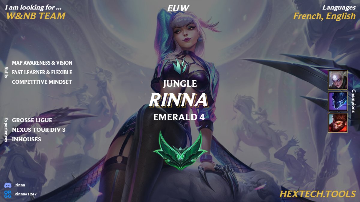 Rinna (@rinnao15) on Twitter photo Hello, I'm LFT for the next season in a Feminine team as a Jungler !
-Fast Learner
-Emerald 4 within 2 months of roleswap
-Aiming for top 16 CDE
-France residency
Any likes and RTs are appreciated - DMs are open ! <a href="/LoL_LFT/">LoL Looking For Team 🇮🇹 🇪🇺</a> <a href="/LFDI_LOL/">La Faille des Invocatrices</a> Hello, I'm LFT for the next season in a Feminine team as a Jungler !
-Fast Learner
-Emerald 4 within 2 months of roleswap
-Aiming for top 16 CDE
-France residency
Any likes and RTs are appreciated - DMs are open ! <a href="/LoL_LFT/">LoL Looking For Team 🇮🇹 🇪🇺</a> <a href="/LFDI_LOL/">La Faille des Invocatrices</a>