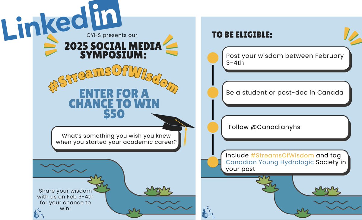 Canadian YHS (@canadianyhs) on Twitter photo STUDENTS + POST-DOCS IN 🍁: Looking for an opportunity to share experiences from your academic career with the hydrology community? Our 2025 Social Media Symposium: #StreamsOfWisdom is the place to do it! 
<a href="/CGU_UGC/">CGU</a> 
PART 1 of the symposium will take place on LinkedIn FEB 3-4: STUDENTS + POST-DOCS IN 🍁: Looking for an opportunity to share experiences from your academic career with the hydrology community? Our 2025 Social Media Symposium: #StreamsOfWisdom is the place to do it! 
<a href="/CGU_UGC/">CGU</a> 
PART 1 of the symposium will take place on LinkedIn FEB 3-4:
