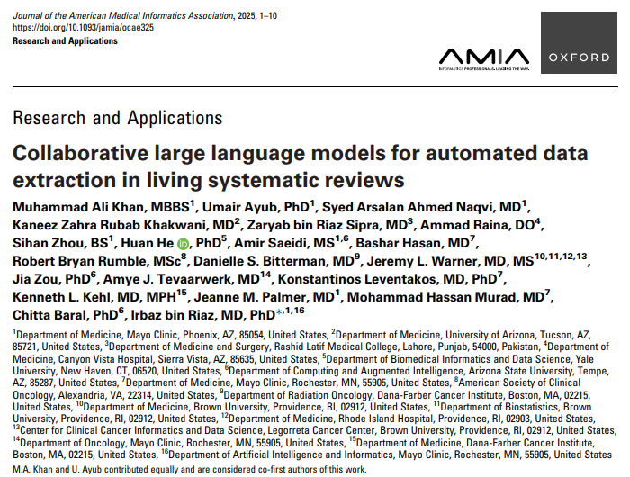R. Bryan Rumble (@bryanrumble) on Twitter photo Collaborative large language models for automated data extraction in living systematic reviews has been published in <a href="/JAMIA_Journal/">JAMIA</a>. Thanks to <a href="/muhammadalik_/">Muhammad Ali Khan</a> <a href="/UmairAyub35/">Umair Ayub</a> <a href="/IrbazRiaz/">Irbaz Riaz MD,MS,MBI,PhD</a> <a href="/SyedArsalanN/">Syed Arsalan Ahmed Naqvi</a> for their leadership on this important paper.
#LLM #LLMs #SystematicReview Collaborative large language models for automated data extraction in living systematic reviews has been published in <a href="/JAMIA_Journal/">JAMIA</a>. Thanks to <a href="/muhammadalik_/">Muhammad Ali Khan</a> <a href="/UmairAyub35/">Umair Ayub</a> <a href="/IrbazRiaz/">Irbaz Riaz MD,MS,MBI,PhD</a> <a href="/SyedArsalanN/">Syed Arsalan Ahmed Naqvi</a> for their leadership on this important paper.
#LLM #LLMs #SystematicReview