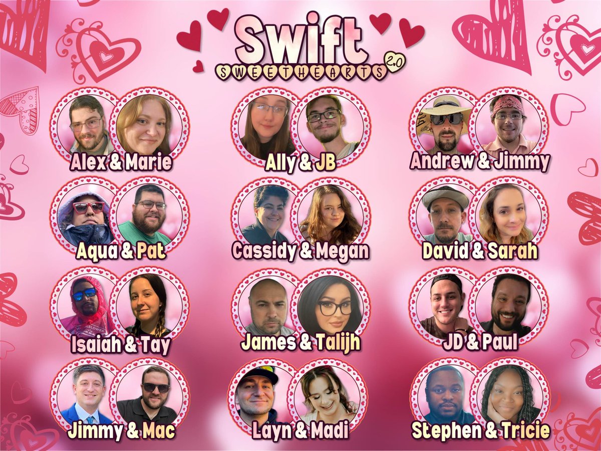 SwiftTheGame_'s tweet photo. Presenting the cast of Swift Sweethearts 2.0! 💞💝💋 

Join us tomorrow at 6:00pm EST to see these 12 couples battle it out to be the last one standing! 

https://t.co/Pwu3XcWzf4 https://t.co/xgUyO6x0VH