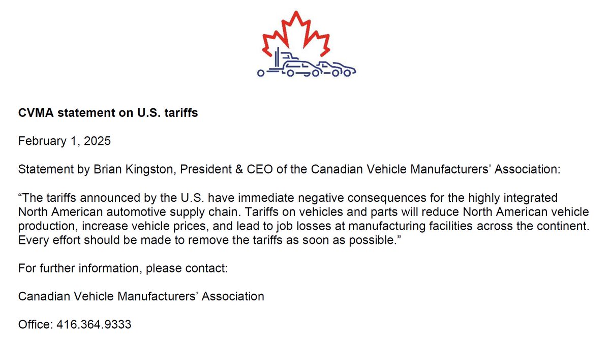 cvma_ca's tweet image. Statement by Brian Kingston, President &amp;amp; CEO of the Canadian Vehicle Manufacturers’ Association, on U.S. tariffs: