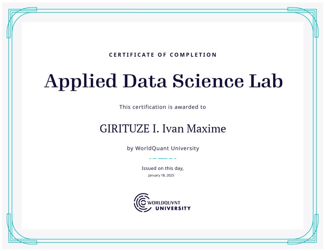 GirituzeM's tweet image. I am excited to complete the Applied Data Science Lab with @worldquantu  and officially start my Master’s in Financial Engineering! My Dec&apos;s &amp;amp; Jan&apos;s #Milestone Looking forward to this new chapter in my #DataScience journey. #DataNerd #MachineLearning #FinancialEngineering