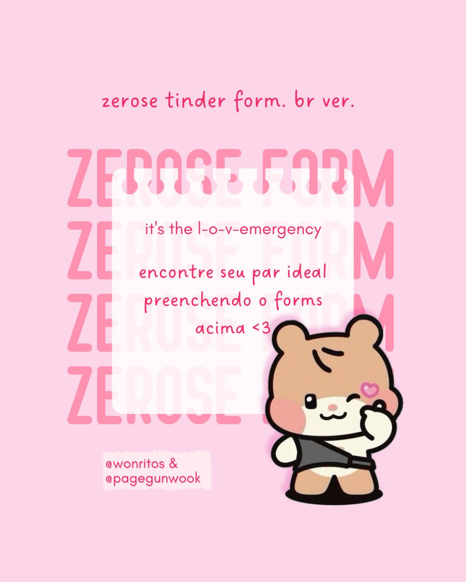 wonritos's tweet image. 𔘓𓂃it's the l-o-v-emergency

o amor está no ar!
ou melhor, em um forms.

quer encontrar seu par ideal no mundinho zerose? participe agora da versão br 👇🏻
forms.gle/2gERRwsgNVQLCE…

➡️ aberto até 08/02 ou até atingir um bom número de respostas
@pagegunwook