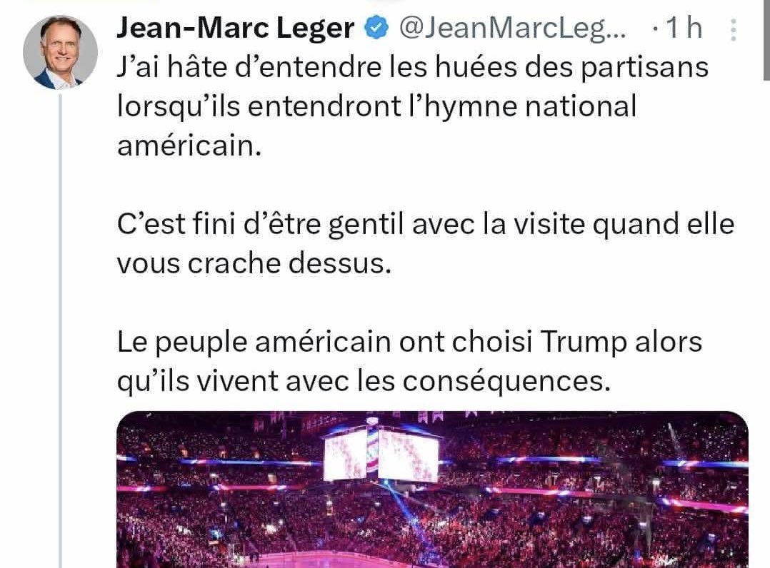frozenfrog's tweet image. On peut penser ce que l’on veut de Trump. C’est de la politique. C’est de l’opinion. Mais avoir « hâte » d’entendre l’hymne d’un peuple hué ? Sérieusement ? Mettre tous les américains dans le même sac ? Pas fort @JeanMarcLeger1 !