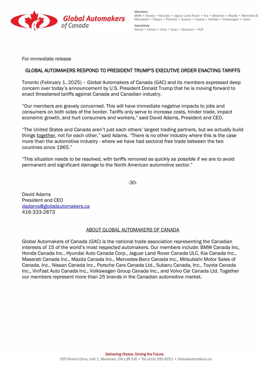 Please see our statement regarding President Trump’s  unfortunate implementation of 25% across the board tariffs only result Canadian goods - with the exception of energy which attracted a 10% tariff