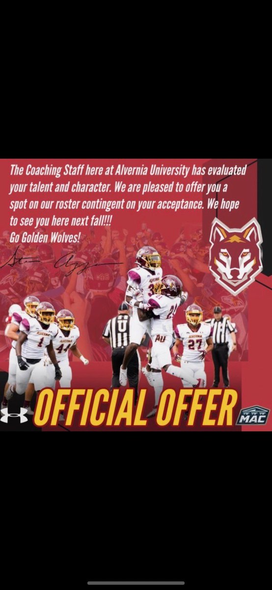 After a great official visit and conversation with <a href="/CoachAGuerrero/">Angel Guerrero</a> I am blessed to receive an official offer from Alvernia University to continue my athletic and academic career. <a href="/AlverniaFB/">Alvernia Football</a> <a href="/deptfordfb/">Deptford Spartan Football</a>