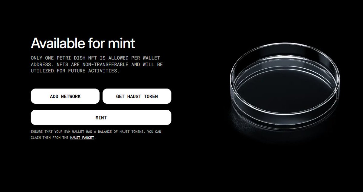 Mint <a href="/HaustNetwork/">Haust Network</a> Testnet NFT

🔗 petridish.haust.network

Free mint | 1 per wallet