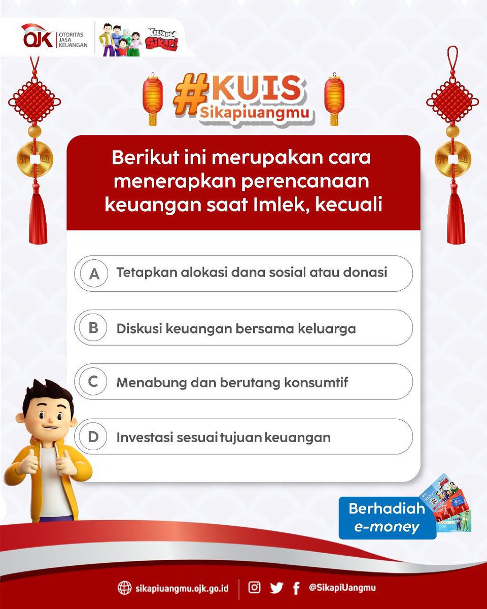 sikapiuangmu's tweet photo. Walau libur panjang sudah berakhir, Sikapi tetap bisa memeriahkan akhir pekan Sobat dengan #KuisSikapi~
Menangkan hadiah e-money dengan menjawab pertanyaan berikut di kolom komentar. Jangan lupa untuk mention dan ajak 3 orang teman ya!
#kuissikapiuangmu #kuis #imlek2025 https://t.co/PiAo0ciVMP