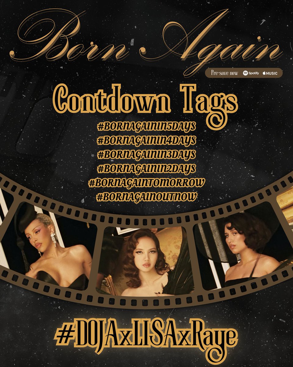 Good morning นะทุกคน พวกเรามาเคาท์ดาวน์เตรียมพร้อมรอ Born Again ที่จะปล่อยในวันที่ 7 กุมภาพันธ์นี้กันค่ะ

BORN AGAIN IN 5DAYS
#DOJAxLISAxRAYE 
#LISAxBornAgain <a href="/wearelloud/">LLOUD</a>