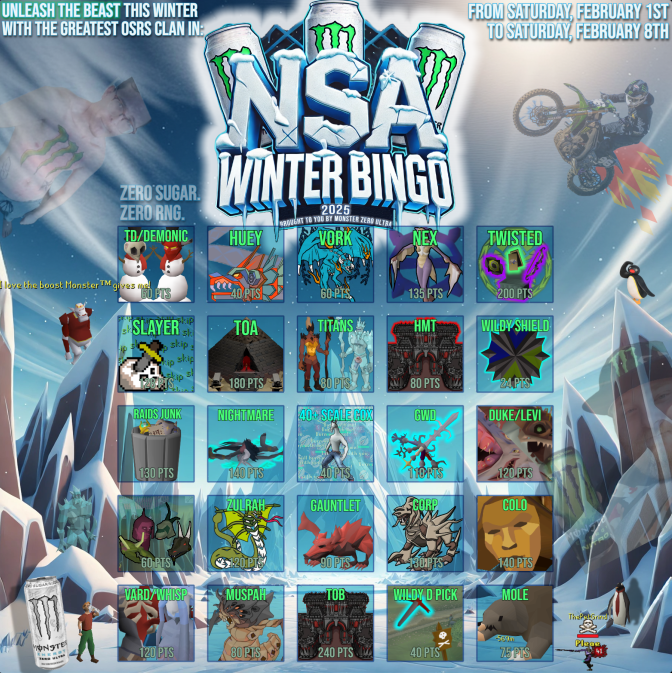 NSAosrs's tweet photo. NSA Winter Bingo 2025 is underway, may the best team win! https://t.co/0erQanWgwo