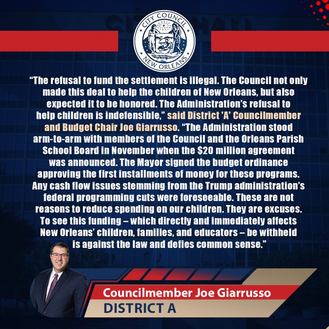 Today, I released the following statement in response to Mayor Cantrell’s refusal to honor her own admin’s agreement settling the longstanding legal battle with NOLA Schools &amp; providing $ for kids with mental health challenges, incarcerated youth, &amp; teens in the workforce.