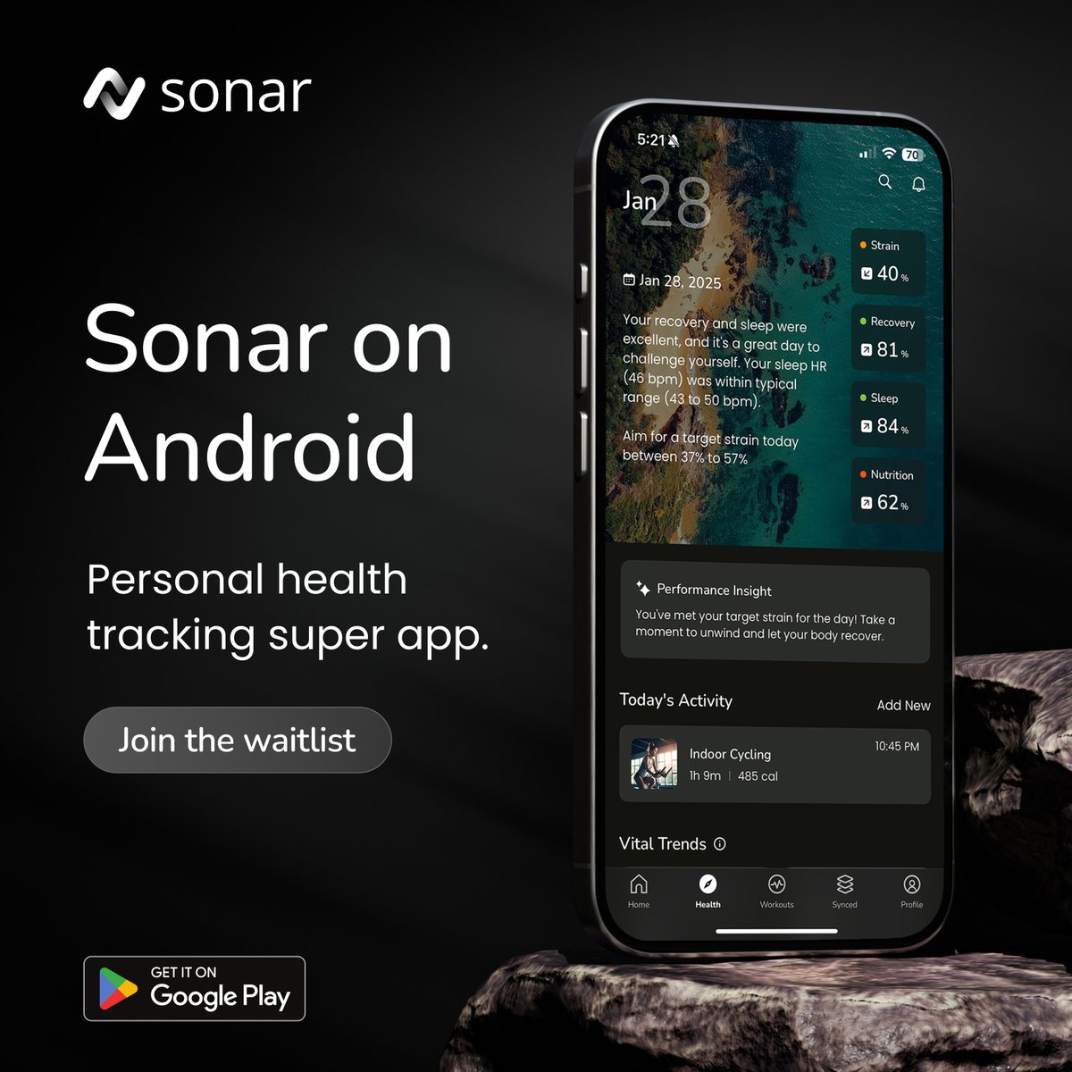 Sonar_Health's tweet photo. The wait is almost over - Sonar is officially coming to Android! Join the waitlist now via the link in our bio, and be among the first to step into the future of personalized health.

#SonarHealth #HealthTech #WearableTech #DigitalHealth #AndroidApps #PersonalizedHealth #Fitness https://t.co/e9bdyC1LAW