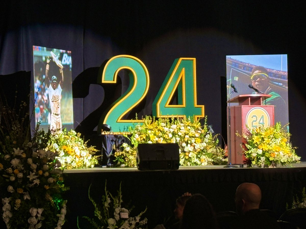 CaseyAPratt's tweet photo. Beautiful Celebration of Rickey. 💚 💛 Oakland legends like Gary Payton, Dave Stewart and MC Hammer in the house. MLB icons like Ken Griffey Jr., Dave Winfield, Barry Bonds, Dennis Eckersley in attendance. A fitting tribute by the A’s. https://t.co/UbNpoDd3Vv