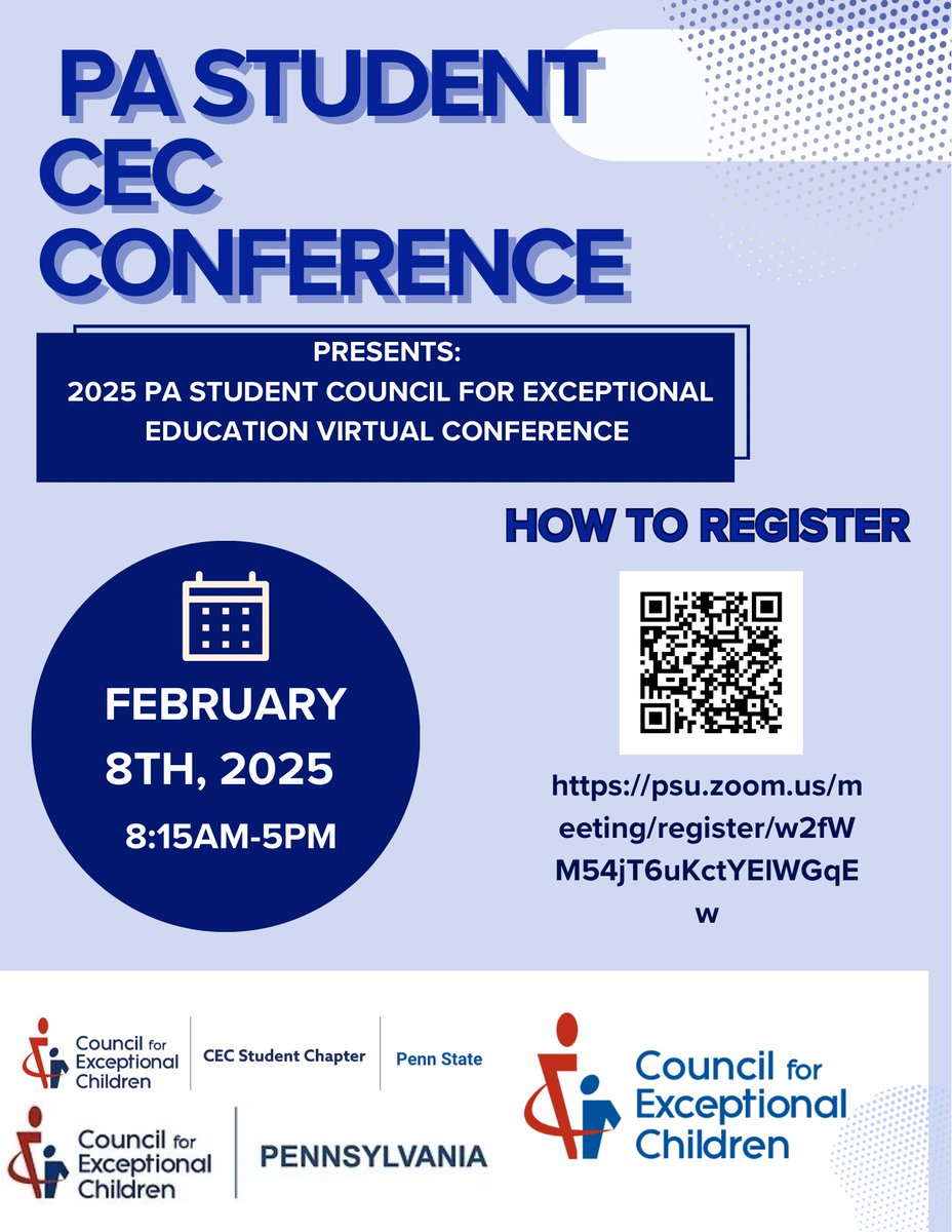 This is for pre service Special Education students and majors and for any educator who wants to attend 

February 8, 2025

IT'S FREE!!!!

<a href="/CECMembership/">Council for Exceptional Children</a> <a href="/PACECSPED/">Pennsylvania Council for Exceptional Children</a> <a href="/pattanupdates/">PaTTAN</a> <a href="/PADeptofEd/">PA Department of Education</a>