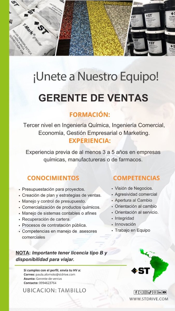 🌟 ¡ÚNETE A ST INNOVA! 🌟 🚀
Buscamos personas talentosas como TÚ, que quieran crecer y crear juntos el futuro.
👉 Si cumples con los requisitos, envíanos tu hoja de vida a: paula.alomoto@stdrive.com
NOTA: Vivir en Tambillo, Valles, Amaguaña, sur de Quito.