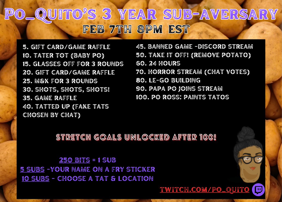 My first-ever subathon is next Friday to celebrate my 3rd affiliate anniversary! Come hang out and enjoy the shenans! #twitch #subathon #affiliate #potato