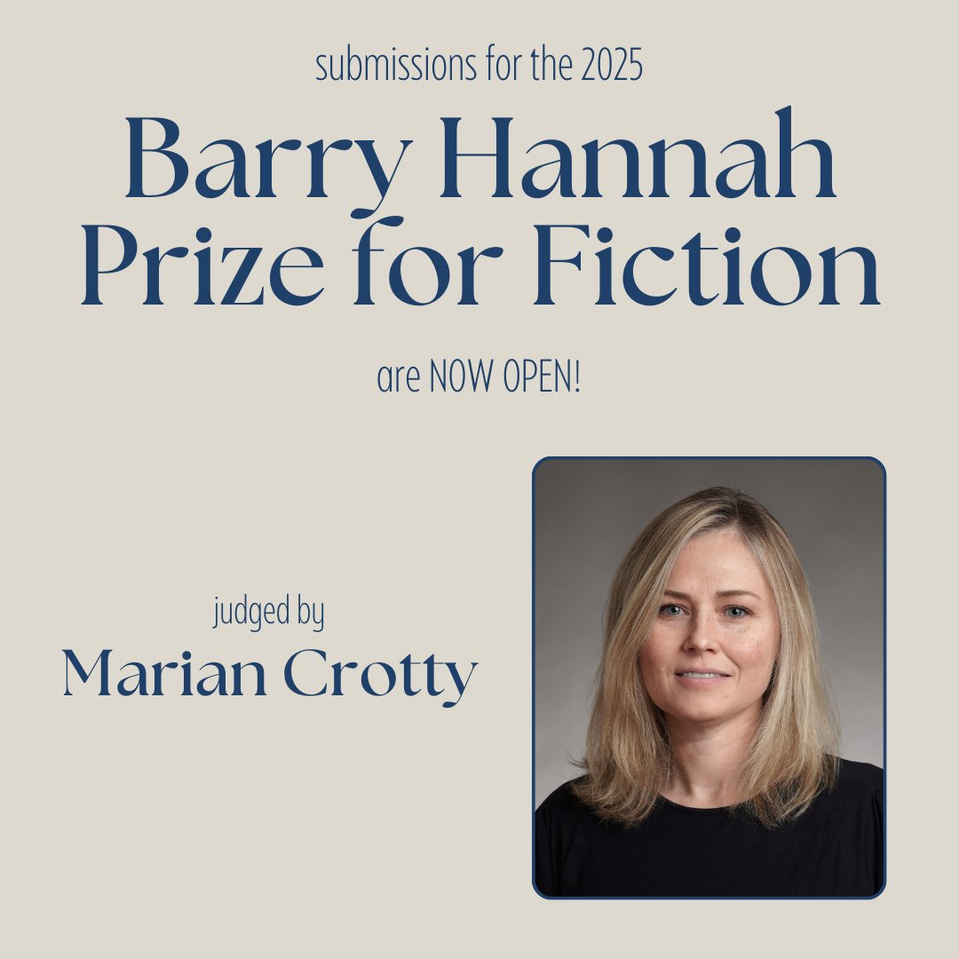 Submissions for the 2025 Barry Hannah Prize for Fiction are NOW OPEN! The winner will receive $500, as well as publication and an interview in YR: 41. For full guidelines and the submission portal, visit the link in our bio. This year's judge is Marian Crotty.