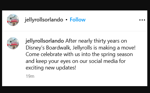 ScottGustin's tweet photo. NEW: Jellyrolls Dueling Piano Bar at Disney's BoardWalk is set to close at its current location. In a post on Instagram, the bar said it will remain open "into the spring season" and additional details will be shared later. https://t.co/8Ypl2iAFYX