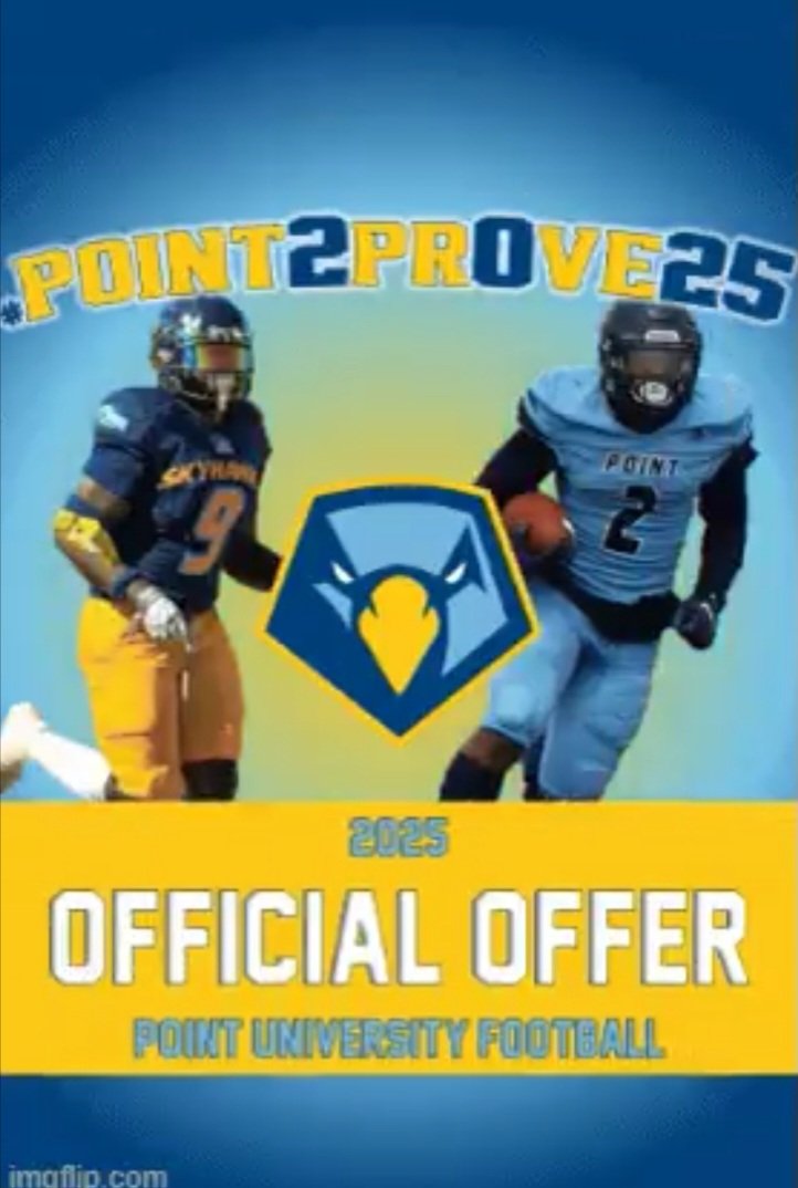 I am excited and thankful to <a href="/CoachSkalaski/">Charlie Skalaski IV</a> and <a href="/coachzeiders/">Trevor Zeiders</a>  for the offer to continue my education and play football <a href="/PointFootball/">Point University Football</a> ! 

<a href="/BayHighFball959/">BayHighFball959</a> <a href="/AKBuddyRo/">coach Rollin</a> <a href="/gregbailie/">Greg Bailie</a>