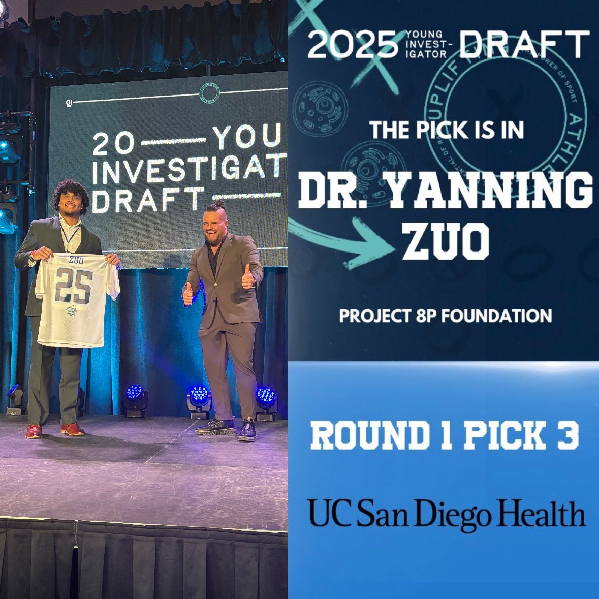UpliftingAth's tweet photo. Now for the third pick in the 2025 Uplifting Athletes Young Investigator Draft, the Project 8p Foundation selects Dr. Yanning Zuo from University of California, San Diego. https://t.co/IuqxdklsSB