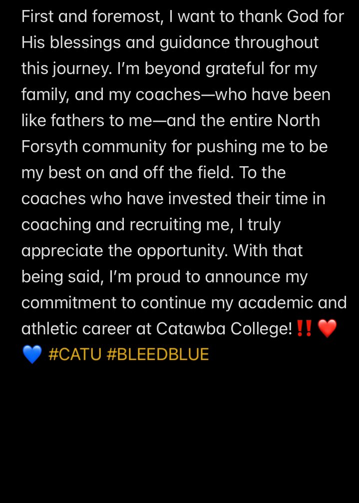 DevlinColbert70's tweet image. Blessed to Announce that I’m 110% Committed‼️❤️💙🔒@CatawbaFootball @tyhaines16 @BernardNFHS @SportsTalk336 @BuckGre3n @NCFootballNews @CoachTae_4 @therealjmoney57 @DavidPayne_21 @Coach_BCollins @Northforsythfo1