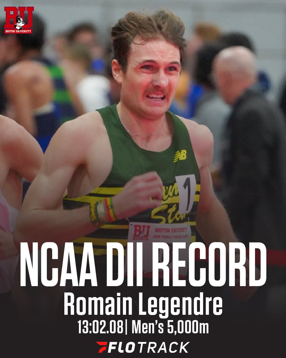 NCAA DII RECORD ✅

Romain Legendre of <a href="/AdamsStateTFXC/">Adams State TFXC</a> runs 13:02.08 for 5k at the BU Terrier Classic to set the Division II record.

#BUTerrierClassic