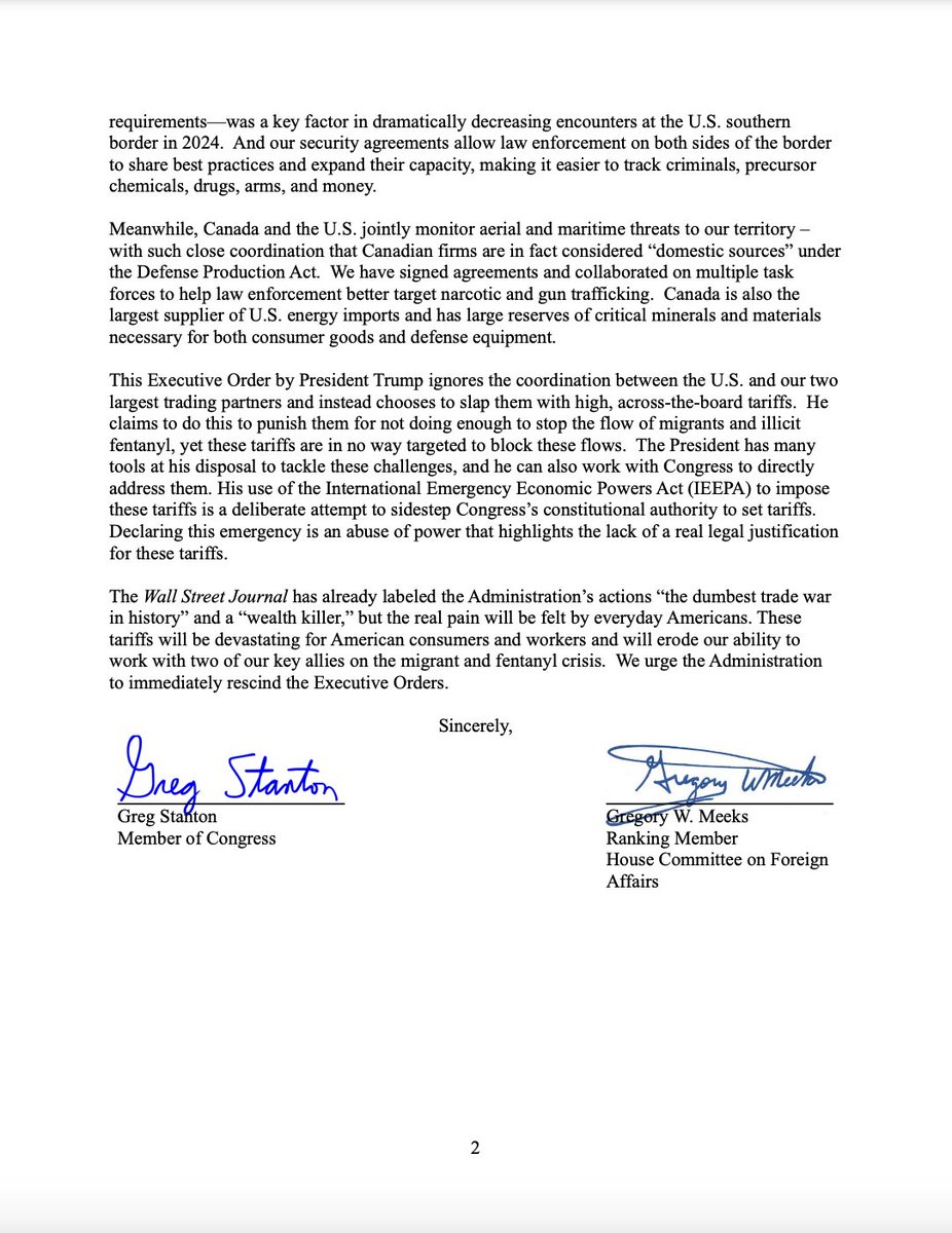 Rep. Greg Stanton (@repgregstanton) on Twitter photo NEW: Tonight I sent a letter—cosigned by 42 of my colleagues—to <a href="/POTUS/">President Donald J. Trump</a> calling on him to immediately rescind the 25% tariffs on Mexico and Canada.
Here's the bottom line: these tariffs will hurt Americans already struggling with high prices and kill U.S. jobs. NEW: Tonight I sent a letter—cosigned by 42 of my colleagues—to <a href="/POTUS/">President Donald J. Trump</a> calling on him to immediately rescind the 25% tariffs on Mexico and Canada.
Here's the bottom line: these tariffs will hurt Americans already struggling with high prices and kill U.S. jobs.