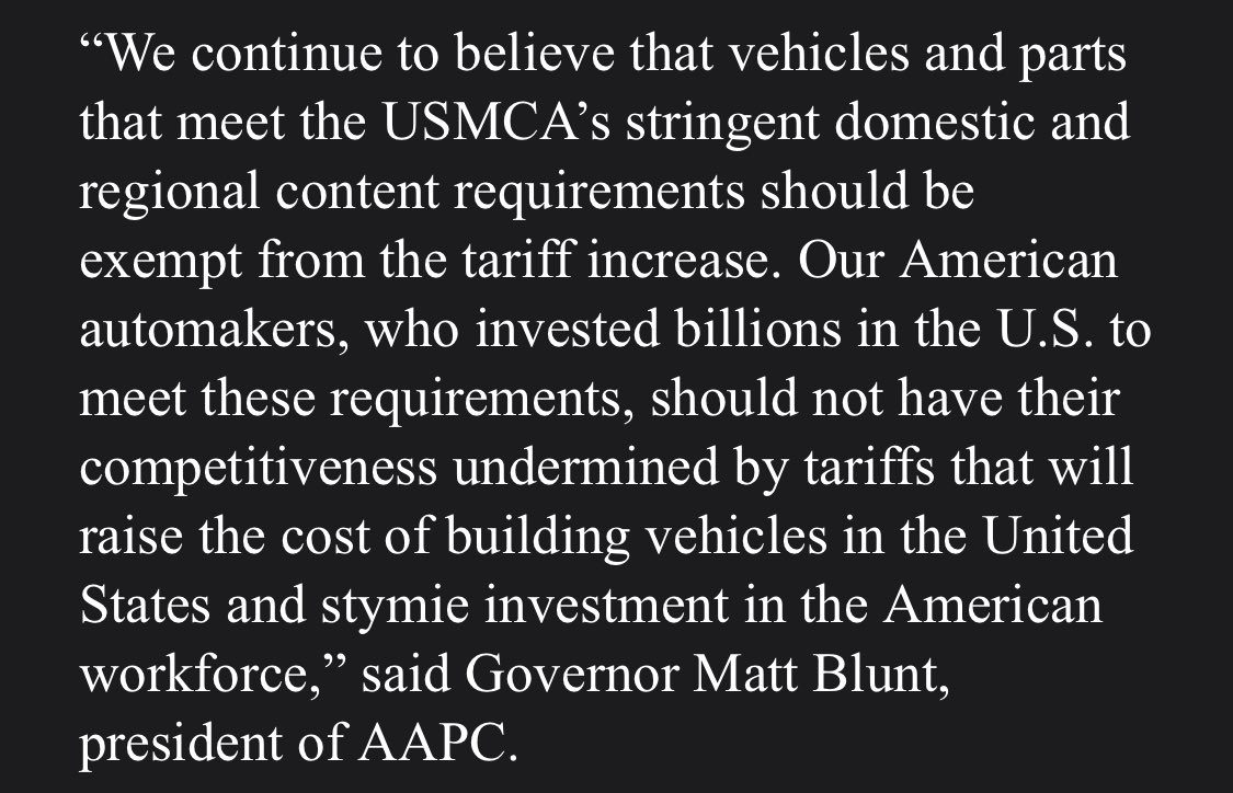 Alliance for Automotive Innovation, which represents nearly every automaker operating in U.S. &amp; American Automotive Policy Council (GM, Ford, Stellantis) reactions to Trump administration’s announced tariffs on Canada, Mexico and China: cnbc.com/2025/01/31/tru…