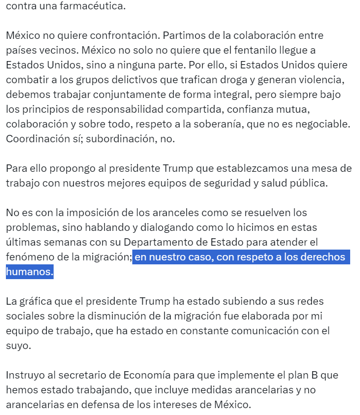 CONSOCIAL's tweet photo. #ÚLTIMAHORA
Excelente respuesta de la Dra. Claudia Scheinbaum Pardo Presidenta de los Estados Unidos Mexicanos al gobierno de Estados Unidos (EE. UU.)

Aranceles 25% a México vs Plan B

BRICS, alternativa racional y humana. https://t.co/o9zIWO2T0Y