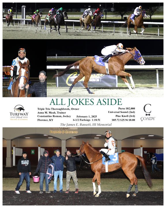 WOW 💥 What a win tonight from ALL JOKES ASIDE <a href="/TurfwayPark/">Turfway Park Racing & Gaming</a> Went off at 41/1 with a beautiful, confident trip under Constantino Roman. Huge thank you and big congratulations to all of the connections! What a week for our small barn 🙏🏼 #thepinkM <a href="/KurtisCoady/">Kurtis Ryan Coady</a> 📸