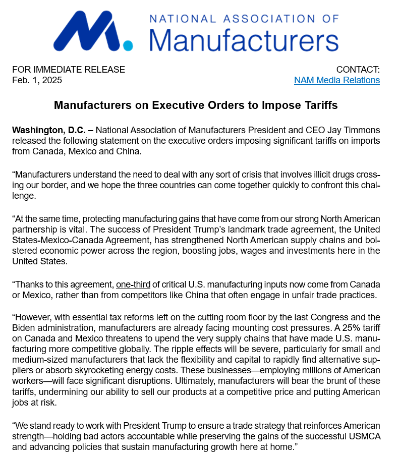 The NAM (@shopfloornam) on Twitter photo NAM President and CEO <a href="/JayTimmonsNAM/">Jay Timmons</a> released the following statement on the executive orders imposing significant tariffs on imports from Canada, Mexico and China: nam.org/manufacturers-… NAM President and CEO <a href="/JayTimmonsNAM/">Jay Timmons</a> released the following statement on the executive orders imposing significant tariffs on imports from Canada, Mexico and China: nam.org/manufacturers-…