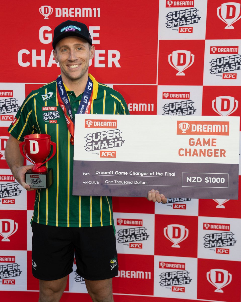 With a blitz of 43 from 34 balls, steering the @centralstags to their Super Smash title, this season's final Dream11 GameChanger is Dane Cleaver!

Catch up on all scores 🔗 on.nzc.nz/4hF2YVR

📷= @photosportnz 

#SuperSmashNZ #Cricket #cricketnation