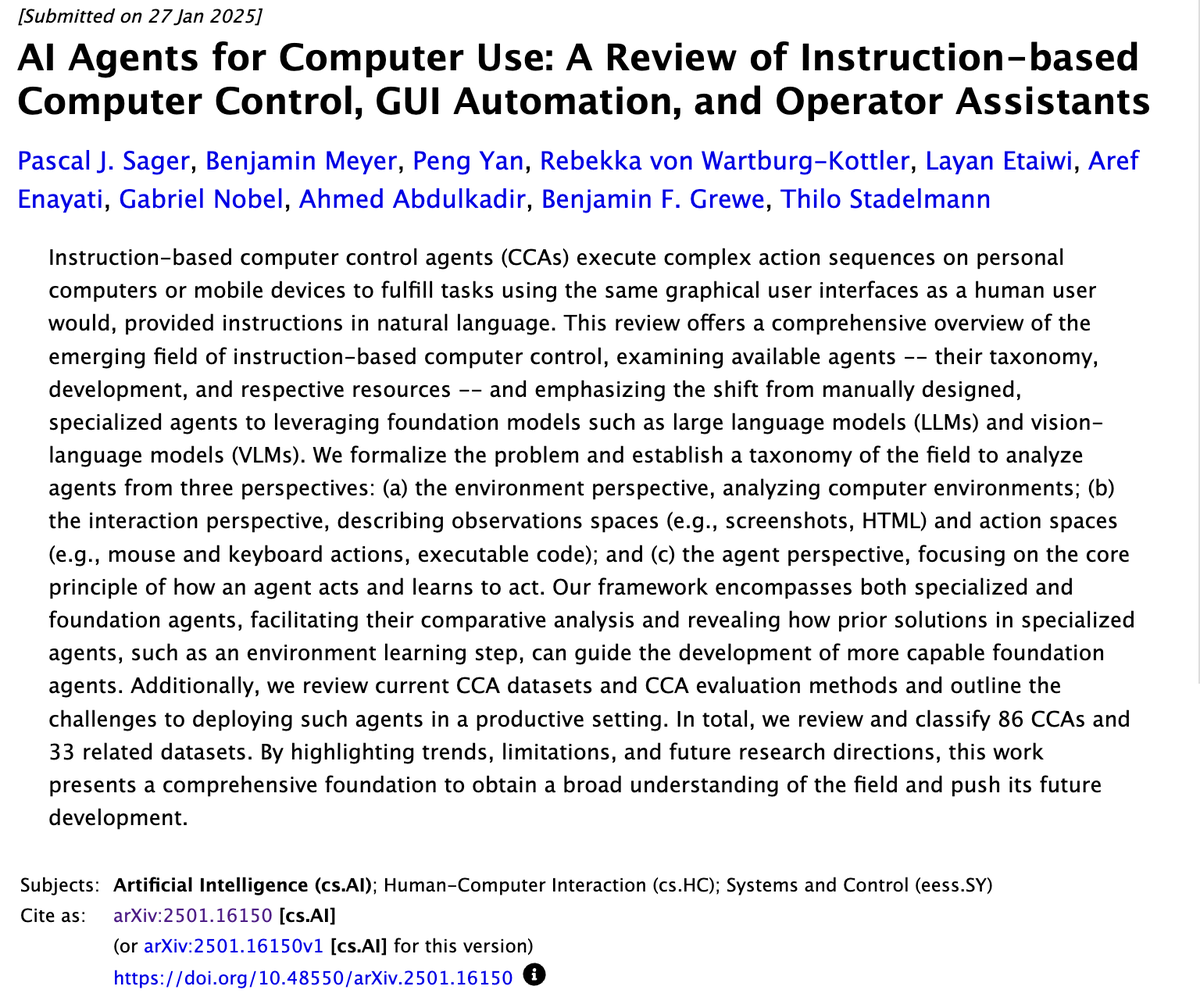 📚 Where Should AI Agent Research Go Next?

This comprehensive review identifies several open challenges for AI agents:
✅ Efficient environment learning to adapt to specific apps/domains.
✅ Better planning capabilities for sequential tasks.
✅ Standardized benchmarks for fair