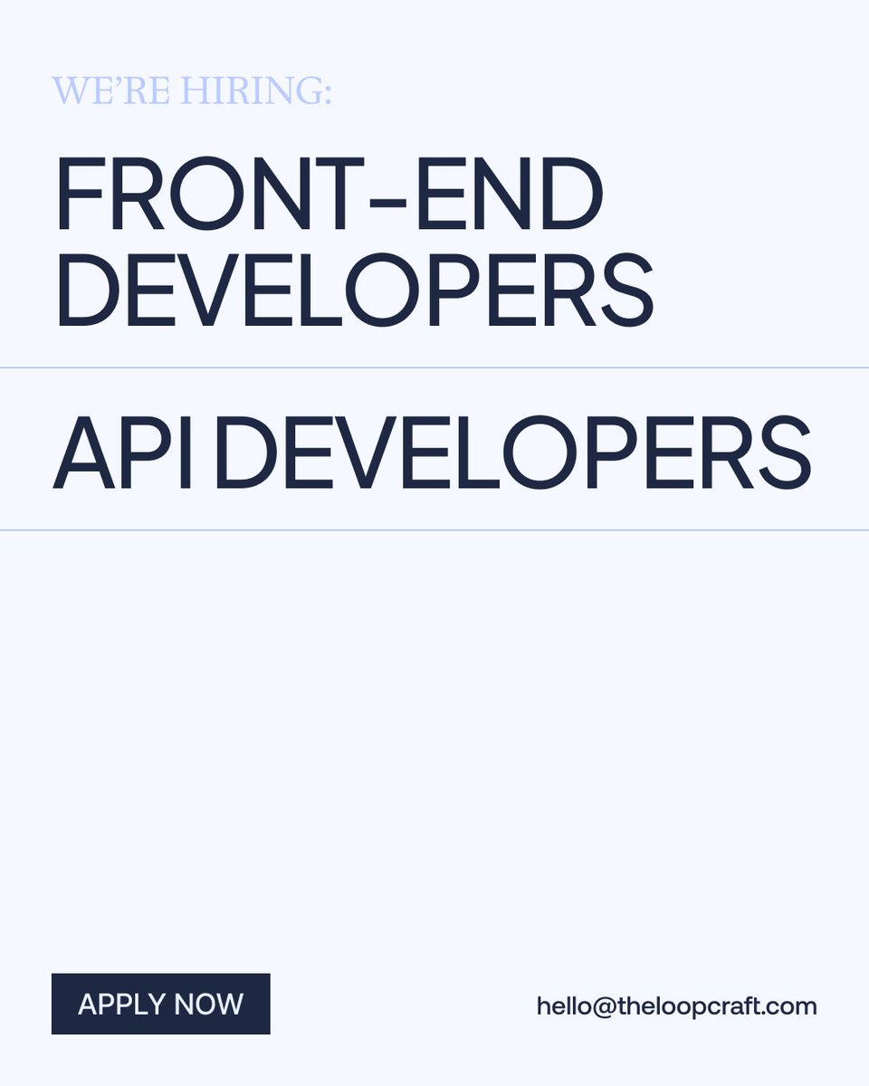 WE'RE HIRING!

Join our team as a:
✨ Front-end Developers
✨ API Developers

Questions regarding the job scope and roles? DM us!

Interested applicants can send your CV to 📧 hello@theloopcraft.com
